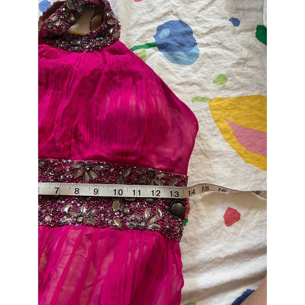 Y2k Adrianna Papell Evening Magenta Pink Beaded Halter Chiffon Gown Dress Xsmall